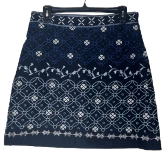 Loft Navy White Embroidered Lined Mini Skirt Classic Chic Size 8 - Picture 2 of 8